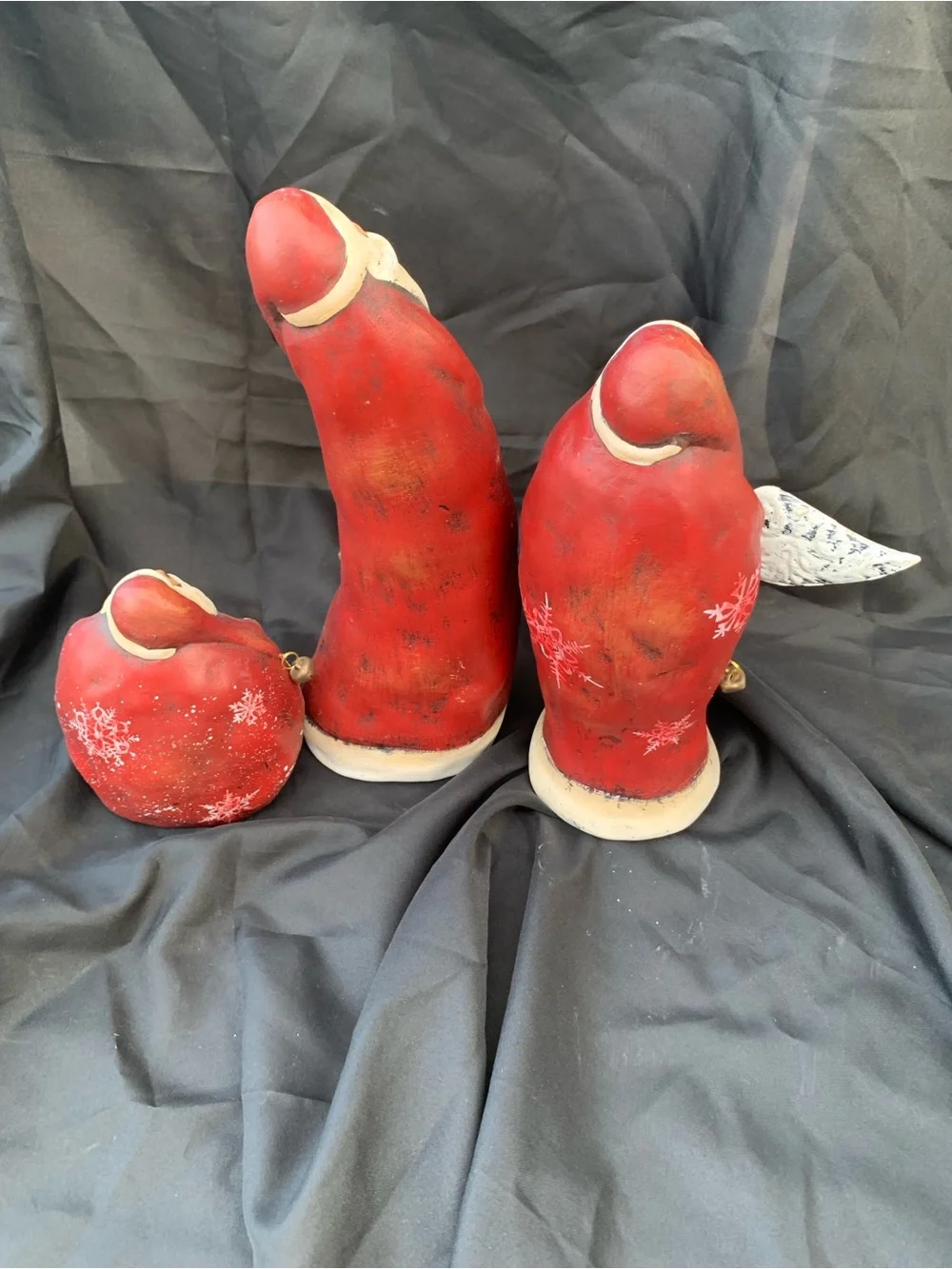 Set of Three Chubby Rustic Hand-Painted Red Santa Claus Figurines Lightweight